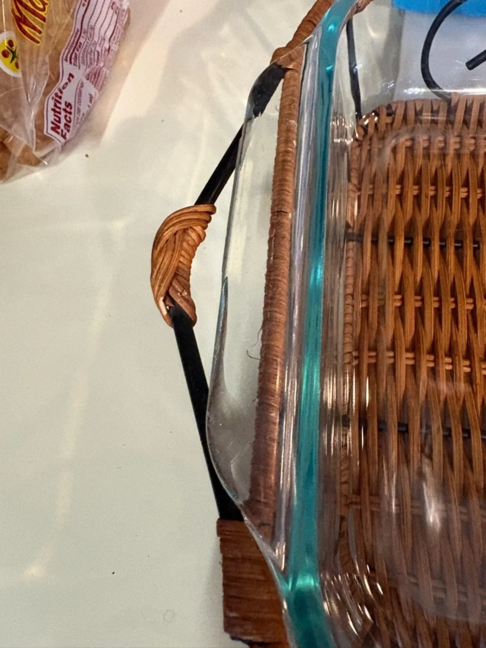 Woven Rattan and Glass Serving Dish - Brown